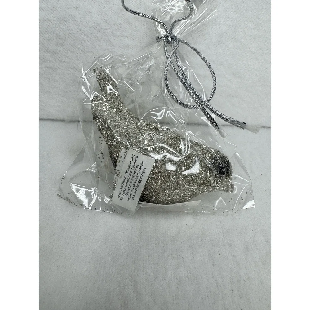 New Pottery Barn Glitter Bird Ornament Silver Christmas Decor Clip